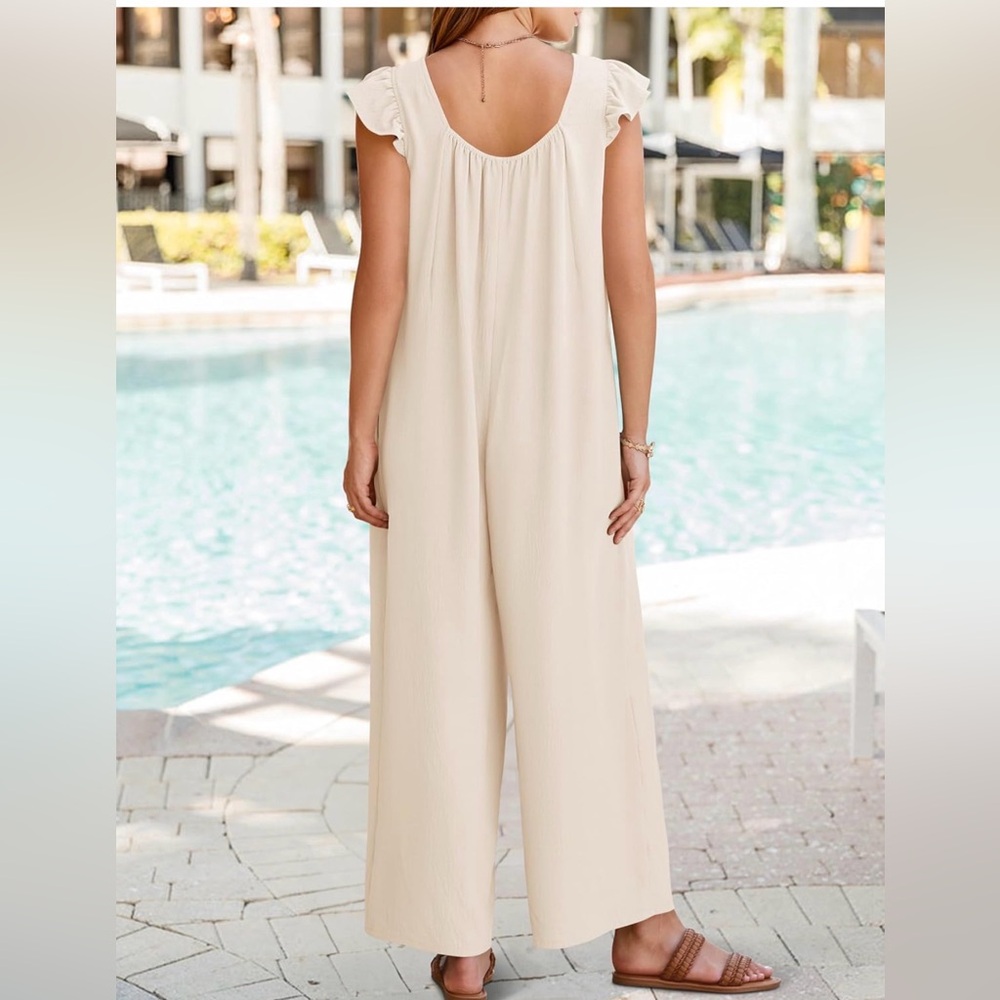 Wide Leg Ruffle Sleeve Jumpsuit in Cream - Picture 4 of 7